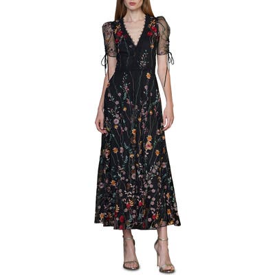 Ml Monique Lhuillier Puff Sleeve Embroidered Midi Dress, Black
