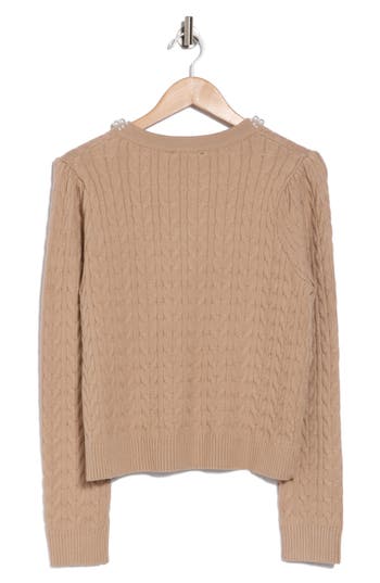 Adrianna Papell Faux Pearl Adorned Cable Knit Sweater In Heather Frappe