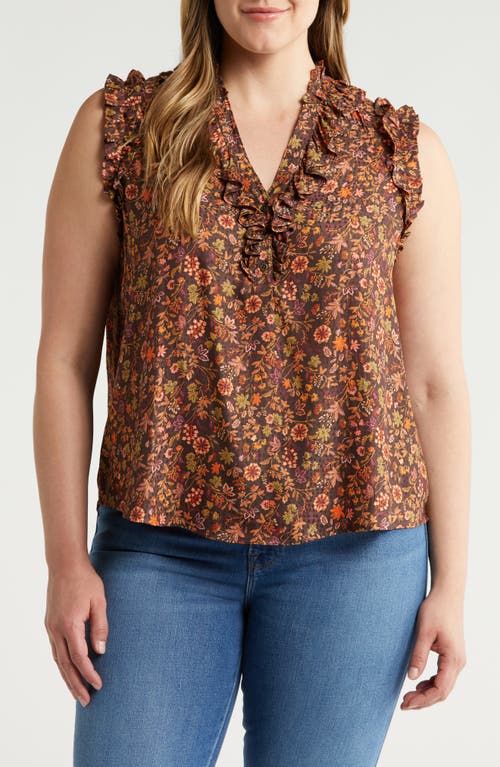 Wit & Wisdom Floral Ruffle Neck Top In Dark Roast/canyon Rock Multi