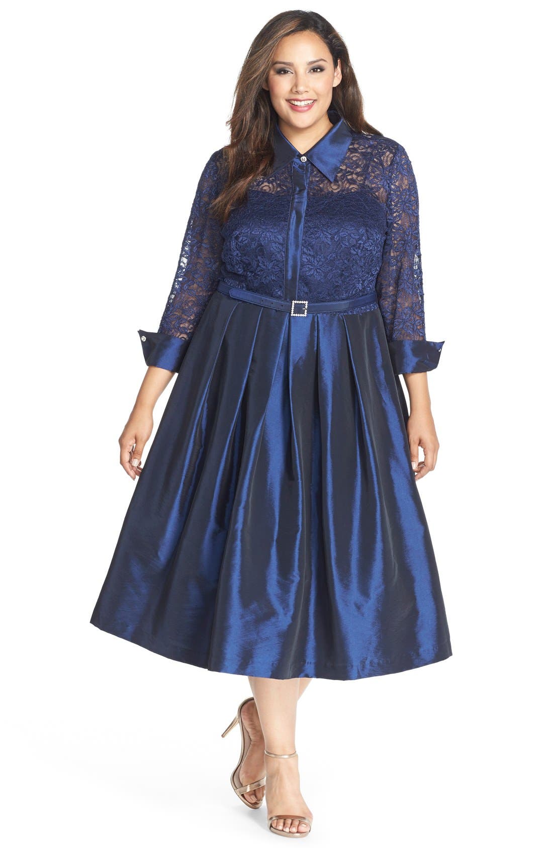 Eliza J Lace & Taffeta Point Collar Midi Dress (Plus Size) Nordstrom
