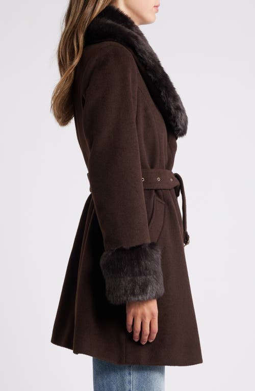 Via Spiga Belted Wool Blend Coat With Faux Fur Trim In Chocolate