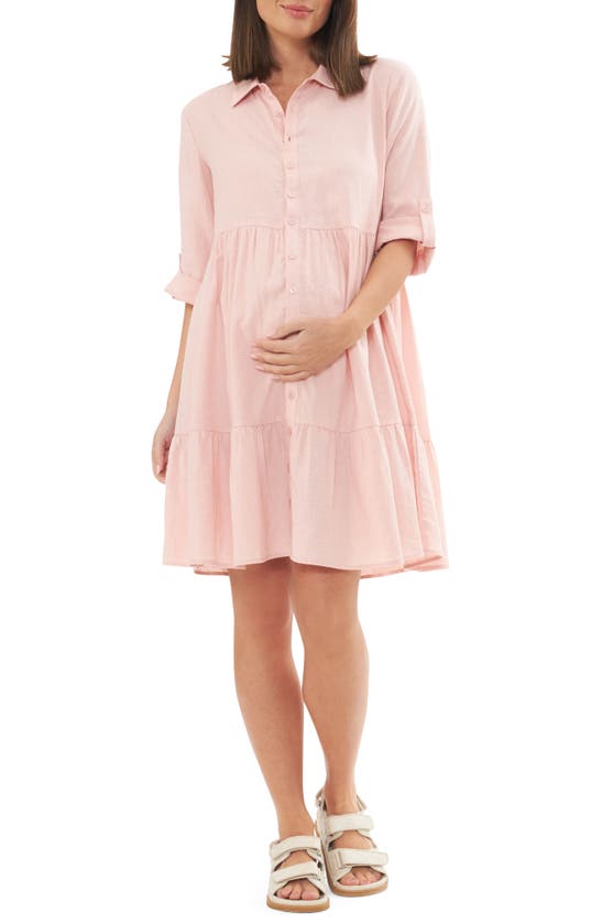 Shop Ripe Maternity Adel Linen Blend Maternity Shirtdress In Soft Pink
