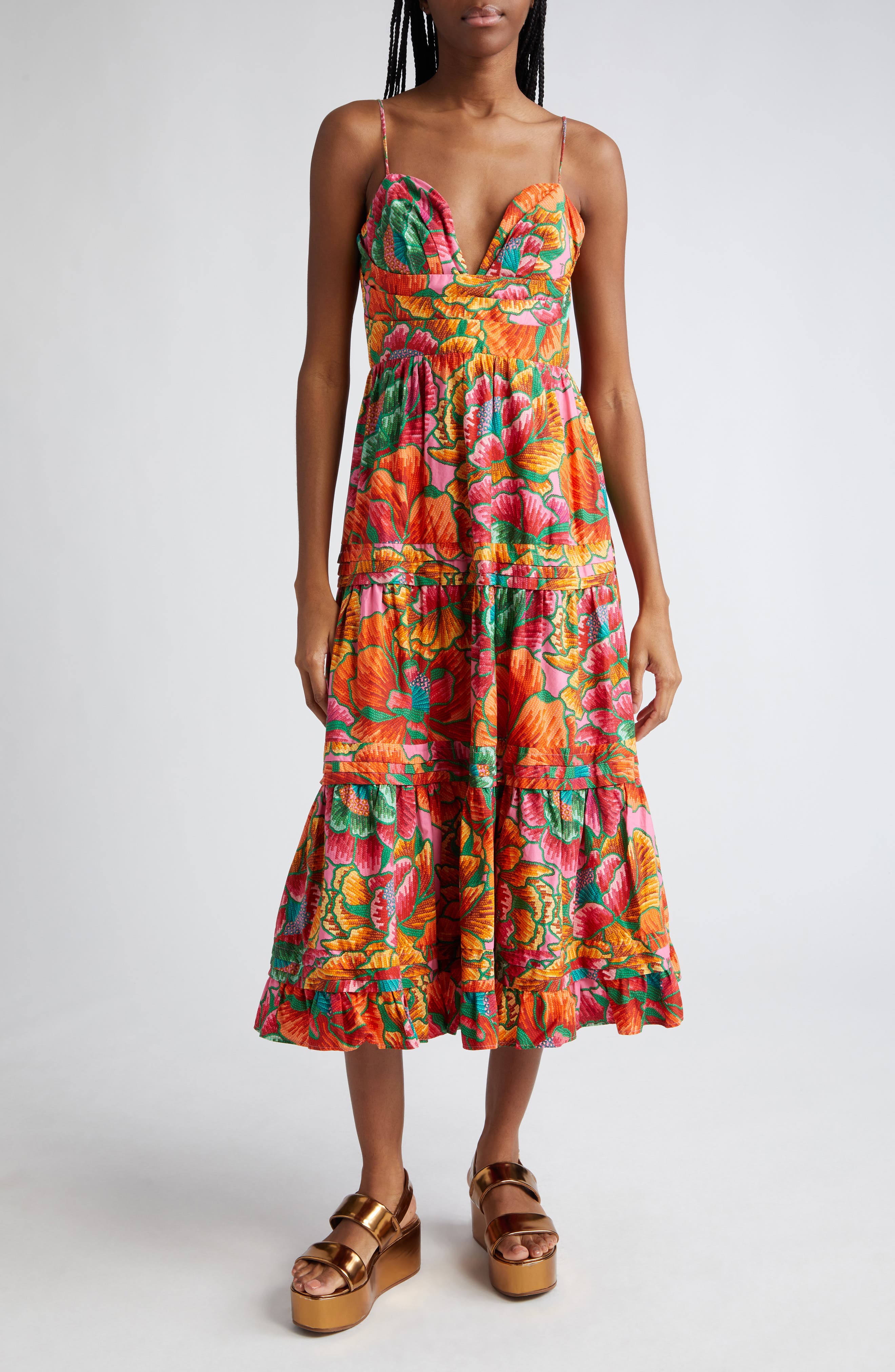 knee length dresses for ladies Farm Rio 3D Floral Linen Midi Dress