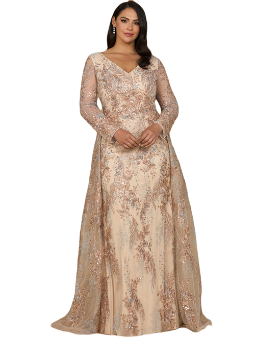 Shop Lara New York Lace Long Sleeve Gown With Overskirt In Champagne