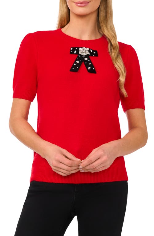 Cece Embellished Velvet Bow Short Sleeve Sweater In Bright Cherry