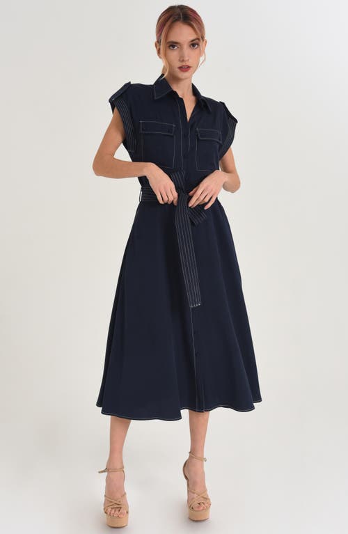 Shop Ciebon Josette Belted Cap Sleeve Shirtdress In Navy/white