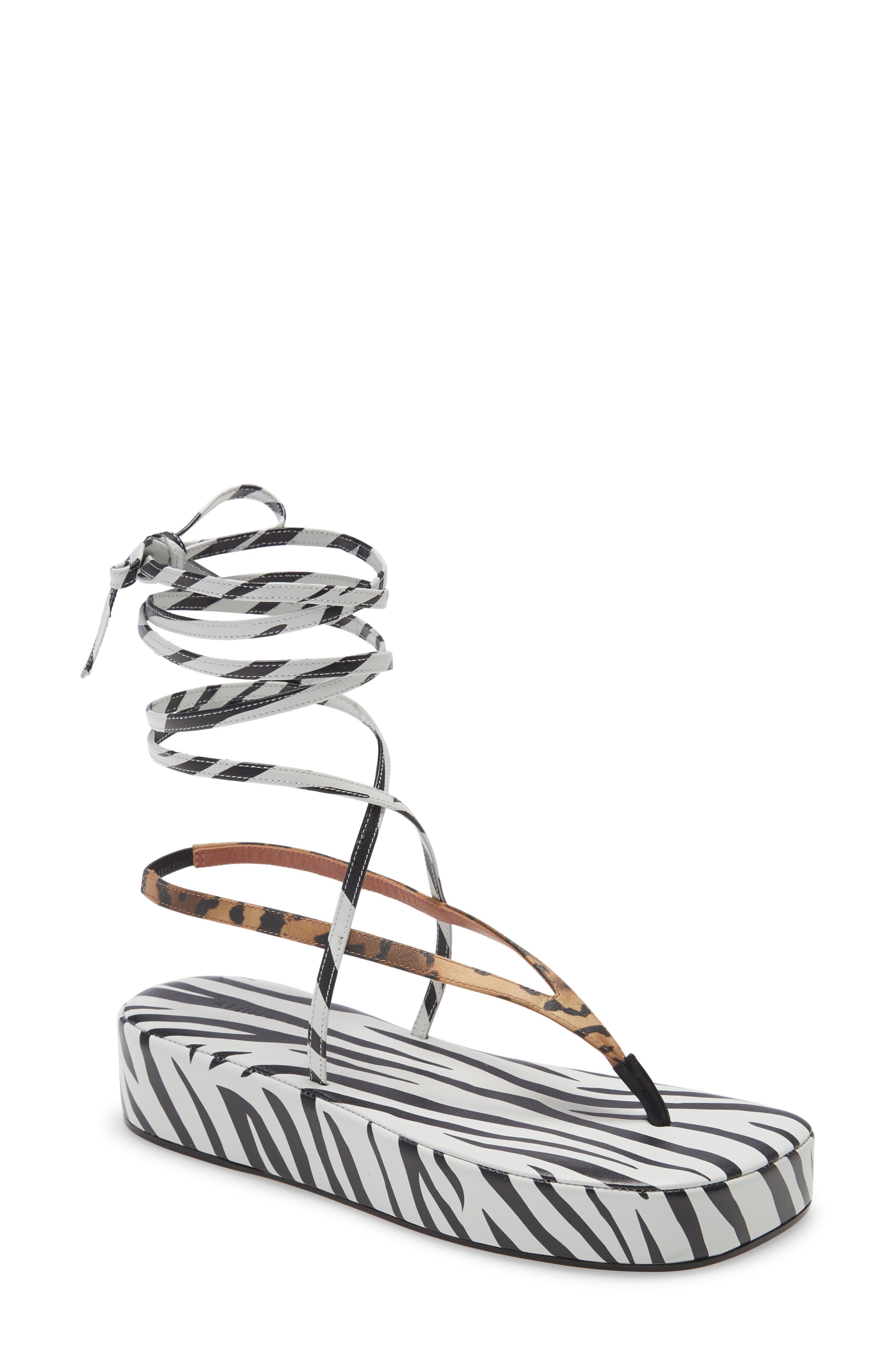 Amina Muaddi Ankle Tie Platform Sandal in Leopard Satin/Zebra Nappa at Nordstrom, Size 12Us