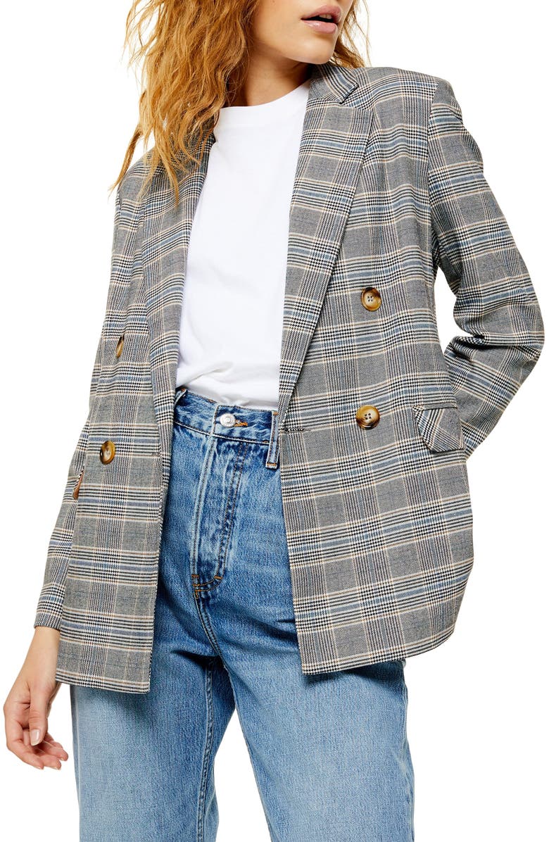 TOPSHOP Double Breasted Plaid Blazer, Main, color, GREY