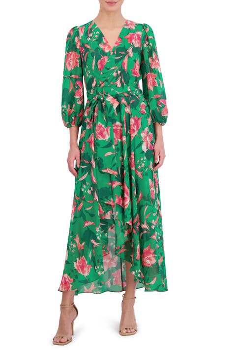 Amalfi Coast Black Floral Chiffon Flutter Sleeve Pleated Belted Maxi Dress