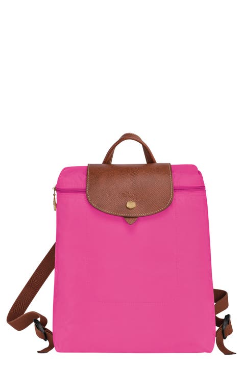 Longchamp Bag Pink White Brown Preage Handbag Canvas Leather