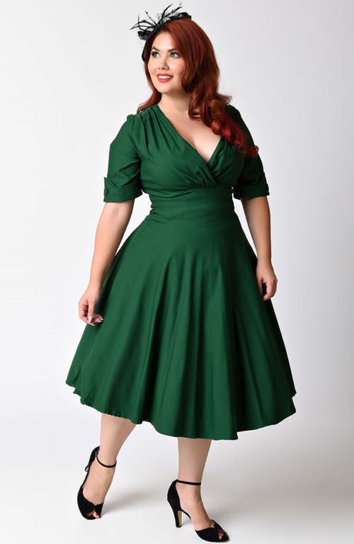 Unique Vintage Plus Size Half Sleeve Surplice Delores Swing Dress In Emerald