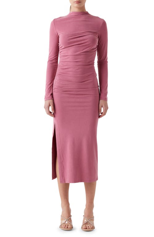 Talia Ruched Long Sleeve Funnel Neck Midi Dress in Mauve