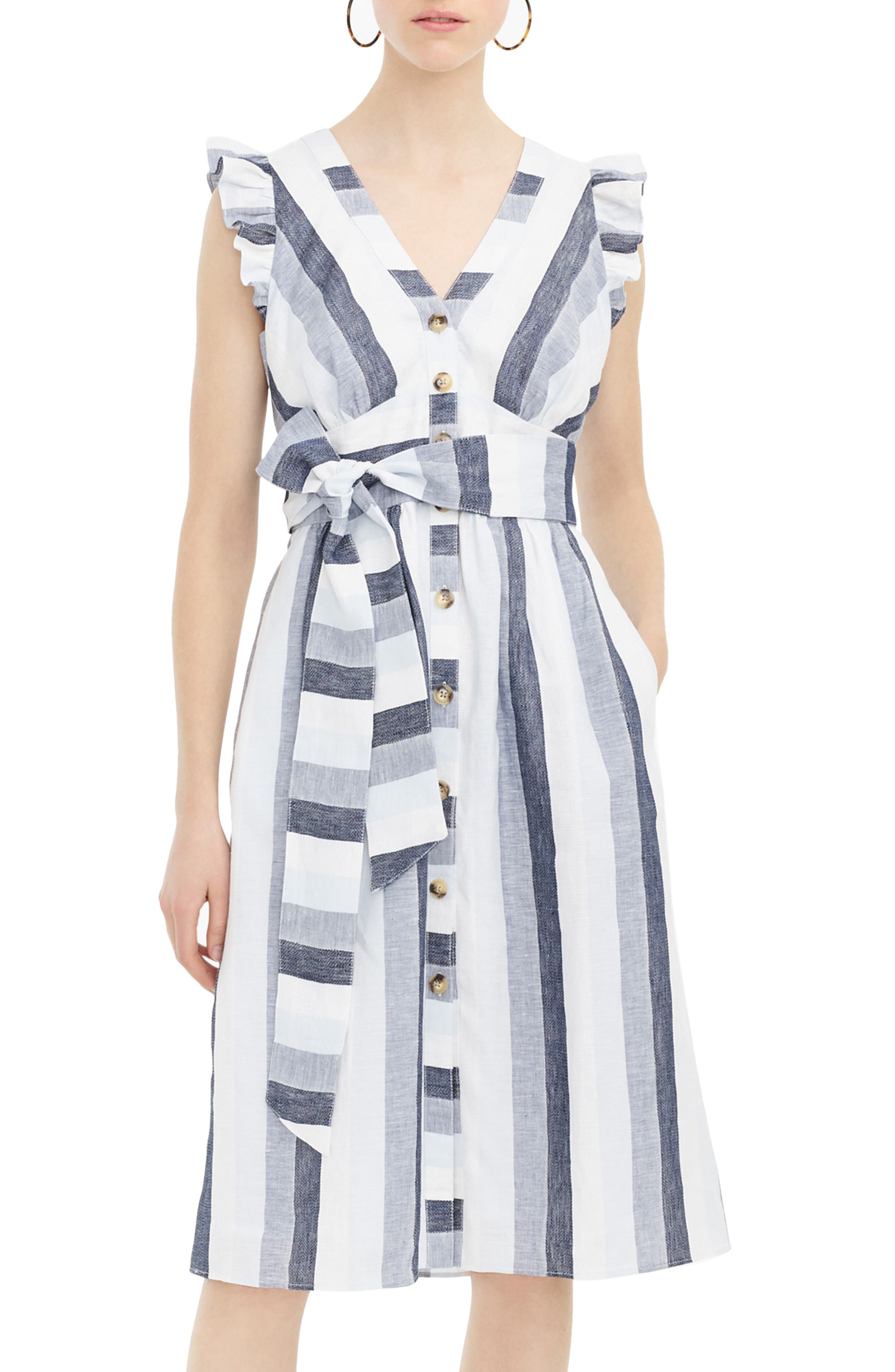 J.crew Indigo Stripe Button Front Linen Midi Dress, Beige