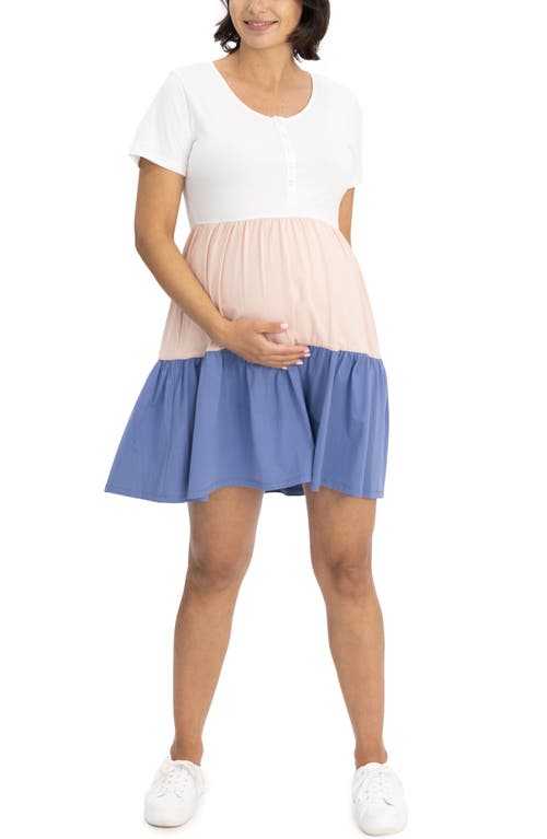 Colorblock Tiered Maternity/Nursing Dress in White