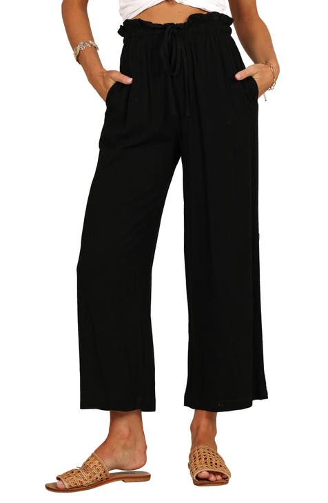 Black Stretch Linen Blend Crop Pant - Women's Black Pants