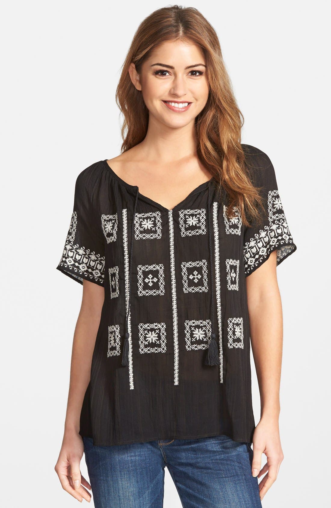 Lucky Brand Embroidered Split Neck Peasant Top Nordstrom