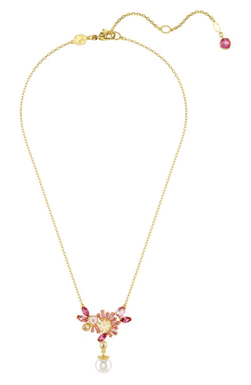 Gema Crystal Flower & Imitation Pearl Pendant Necklace in Pink