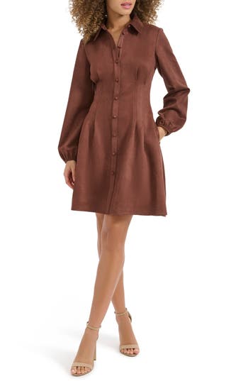 Kensie Faux Suede Long Sleeve Shirtdress In Brown