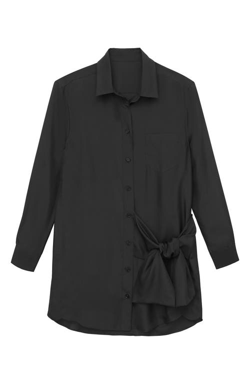Silk Tie Front Shirtdress in Black