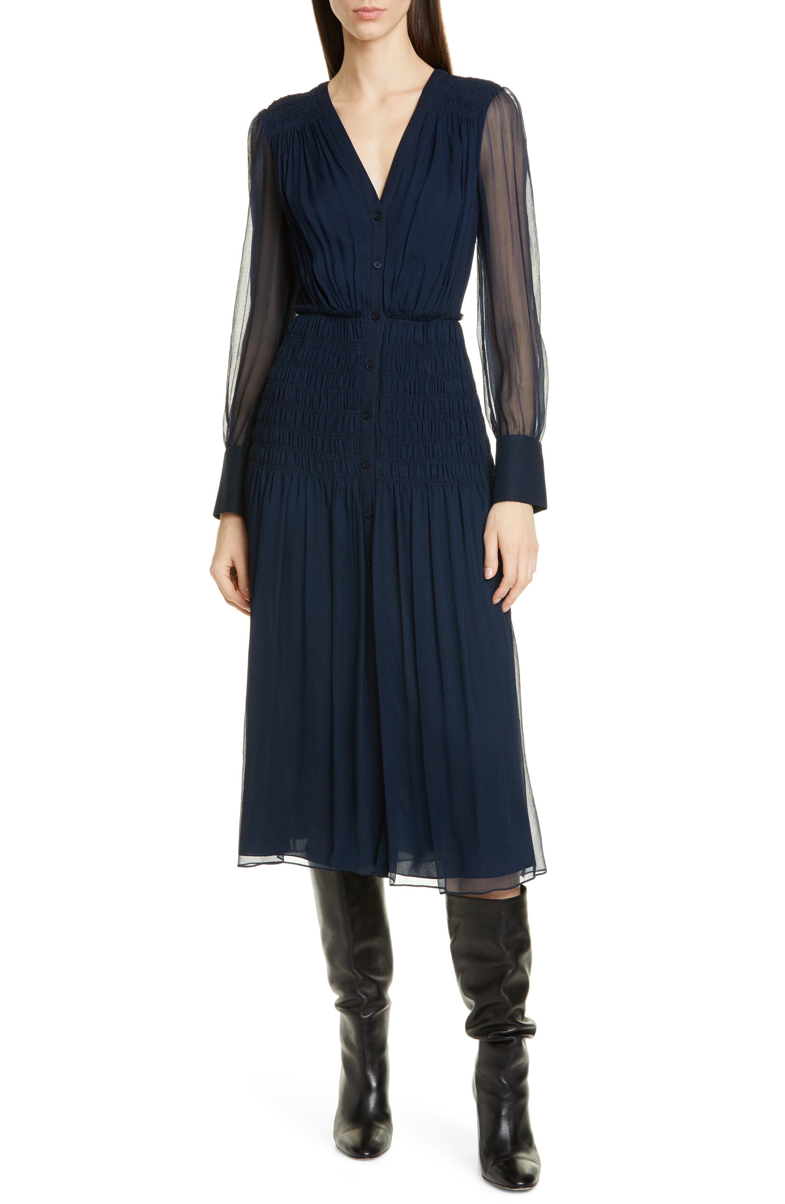Jason Wu Long Sleeve Crinkle Silk Chiffon Midi Dress, Blue
