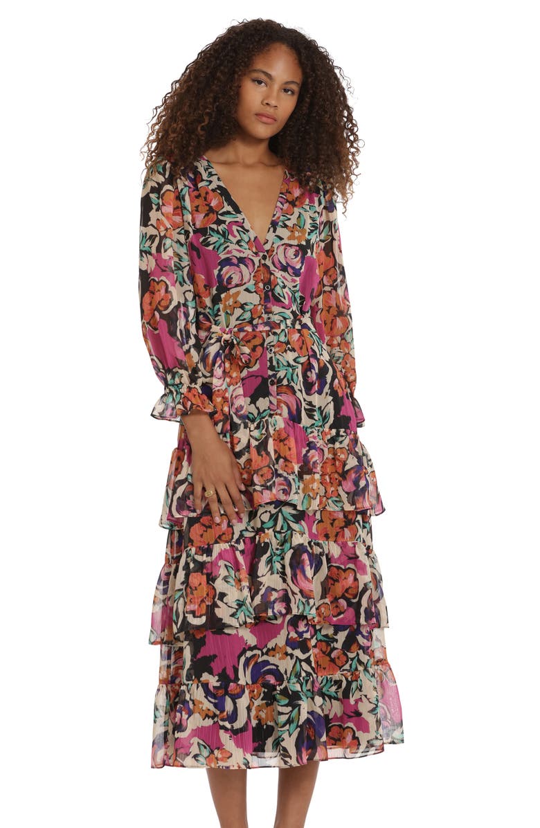 DONNA MORGAN FOR MAGGY Floral Long Sleeve Button Front Tiered Maxi ...