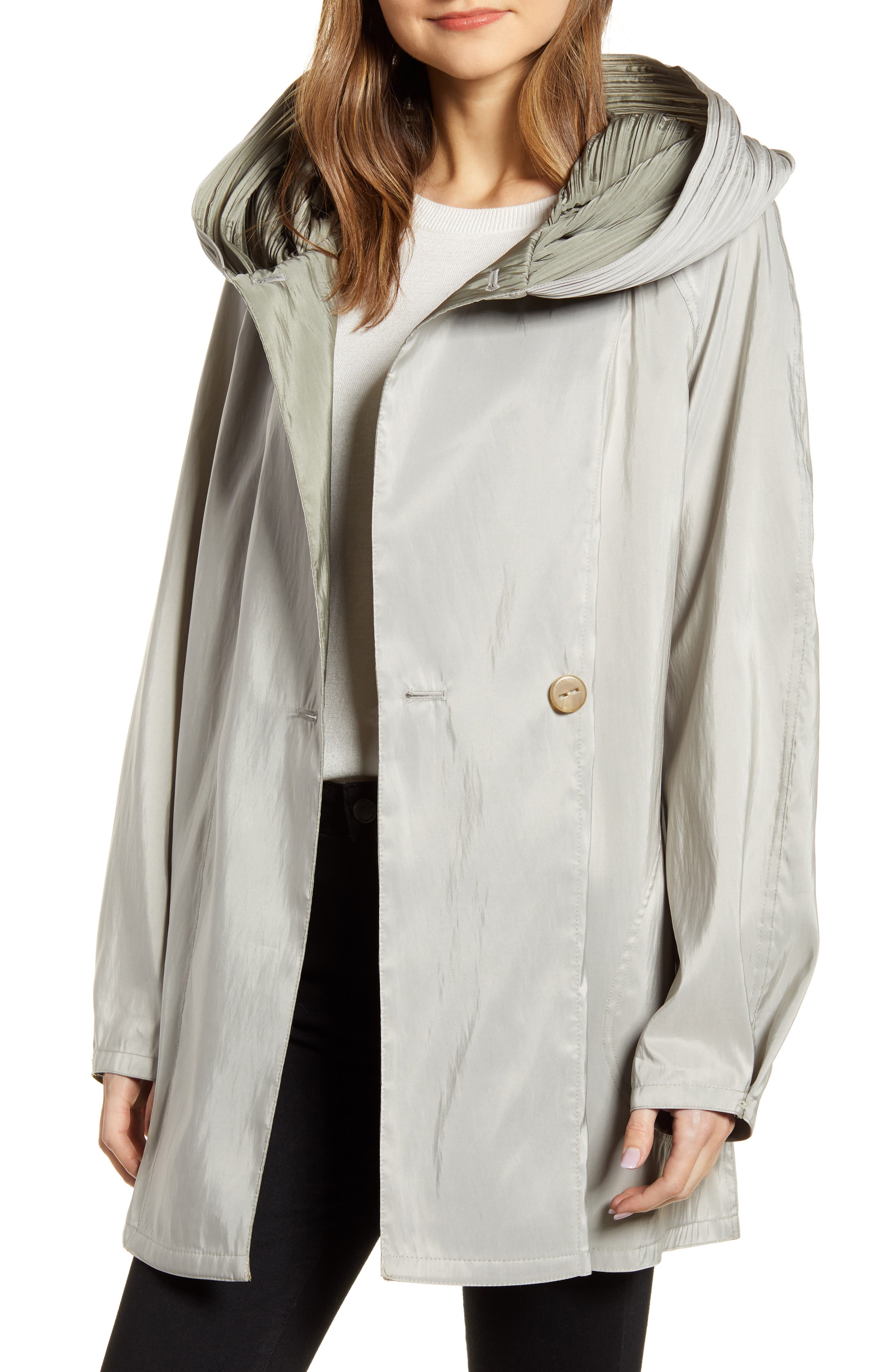 reversible raincoat with pleated hood