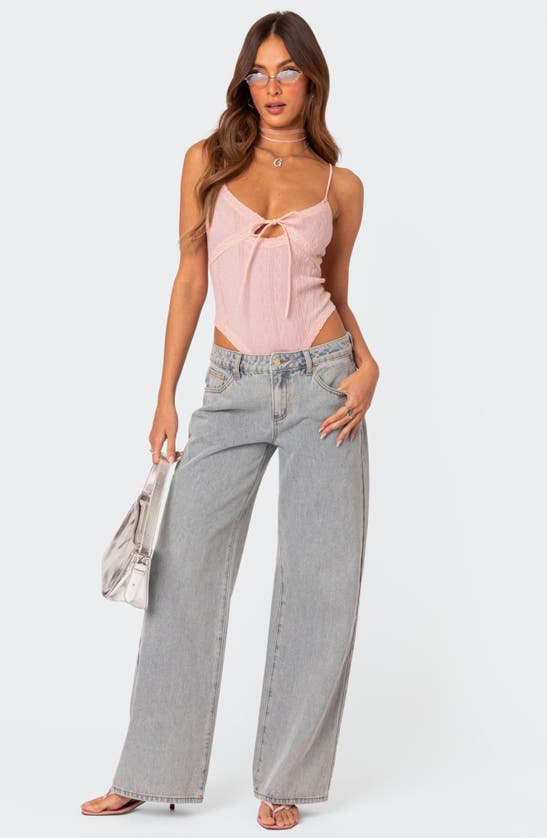 Shop Edikted Bow Pocket Low Rise Wide Leg Jeans In Light-blue