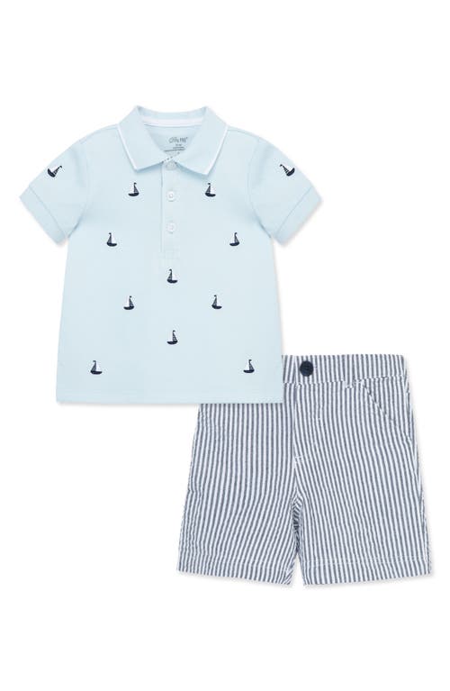 Little Me Sailboat Embroidered Polo & Stripe Shorts Set In Blue