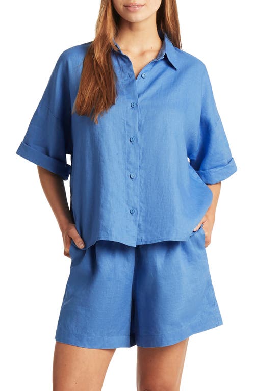 Tidal Resort Linen Cover-Up Button-Up Shirt in Cornflower