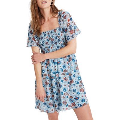 Madewell Wildflower Garden Smocked Flutter Sleeve Dress, Blue