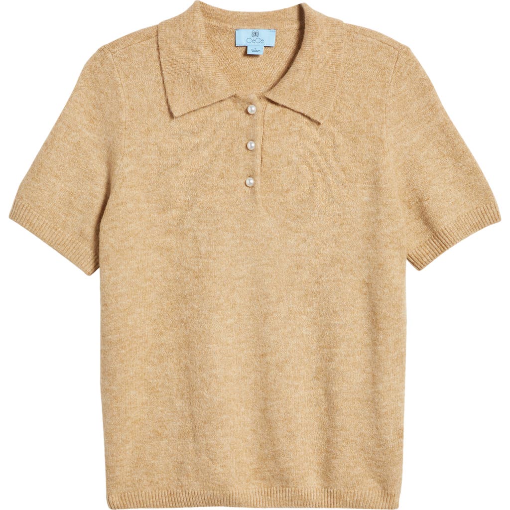 Cece Imitation Pearl Button Polo Sweater In Latte Heather Beige