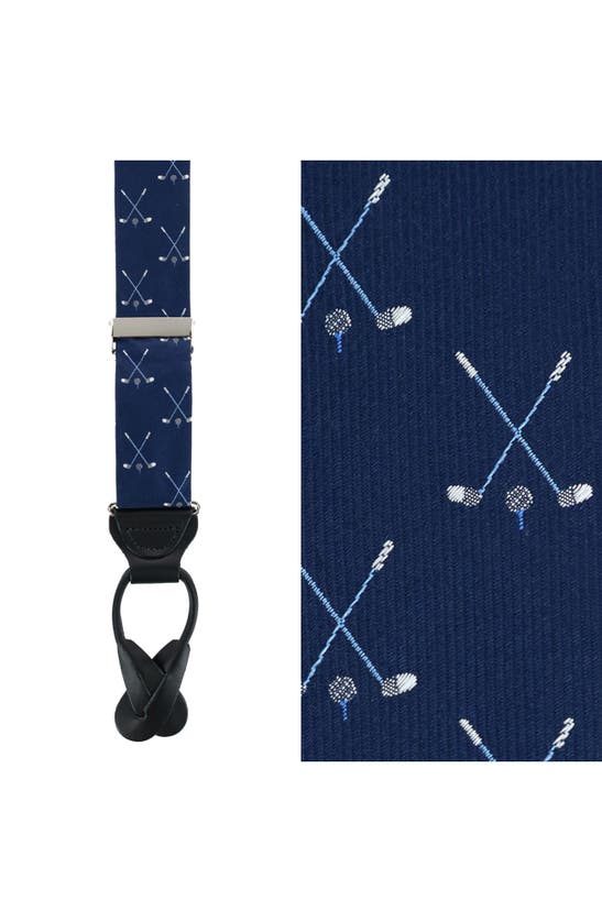 Shop Trafalgar Embroidered Golf Pattern Silk Suspenders In Navy