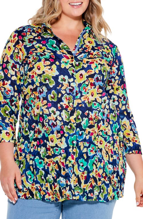 NIC+ZOE Bold Blossoms Crinkle Button-Up Shirt in Blue Multi