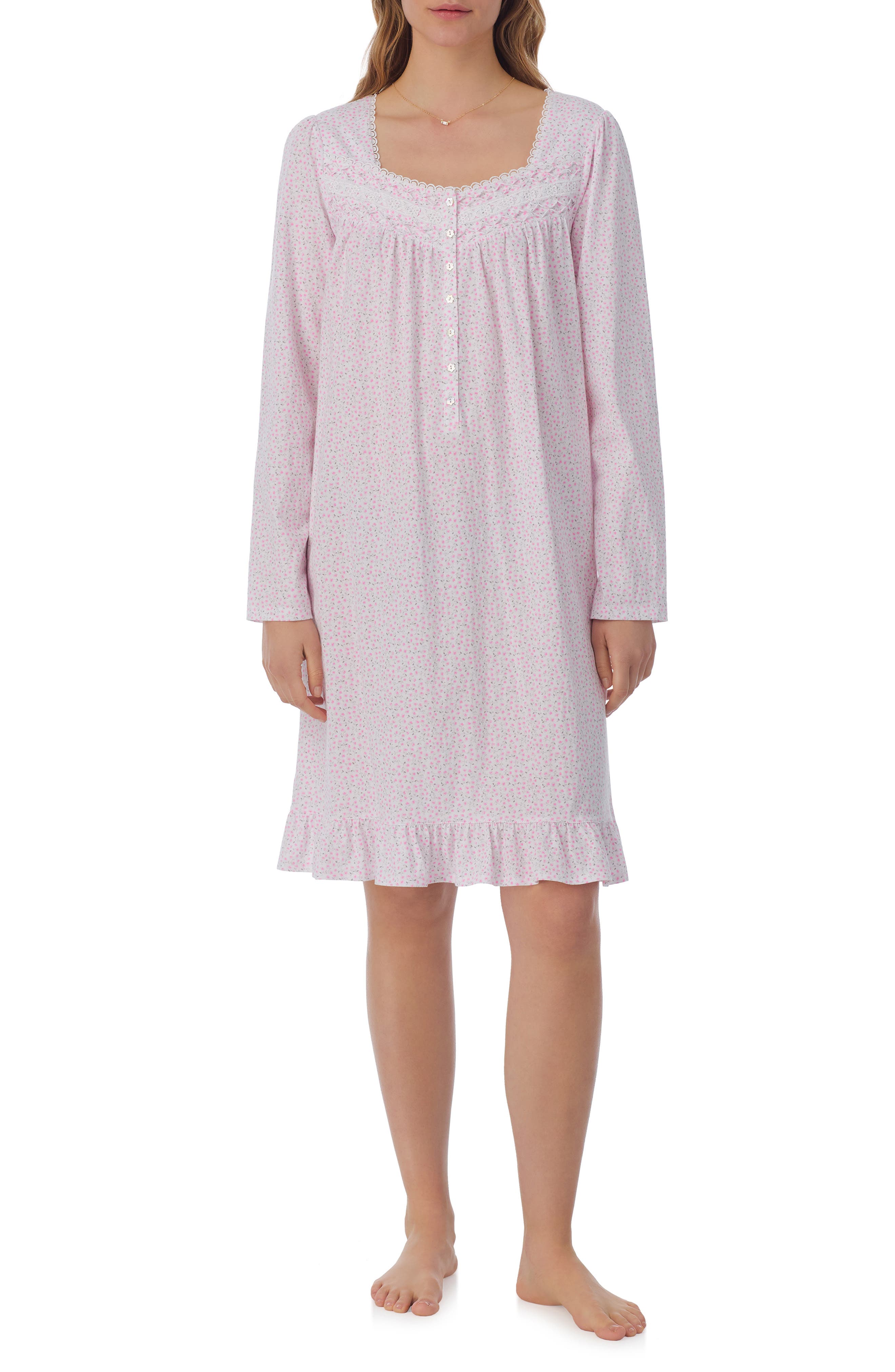 Eileen West Long Sleeve Cotton Jersey Short Nightgown in White/Dots 