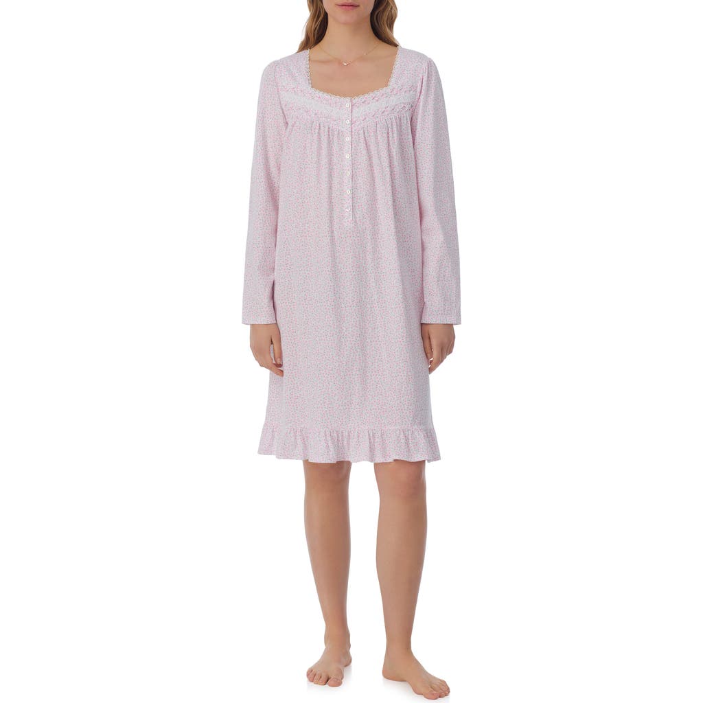 Eileen West Long Sleeve Cotton Jersey Short Nightgown in White/Dots