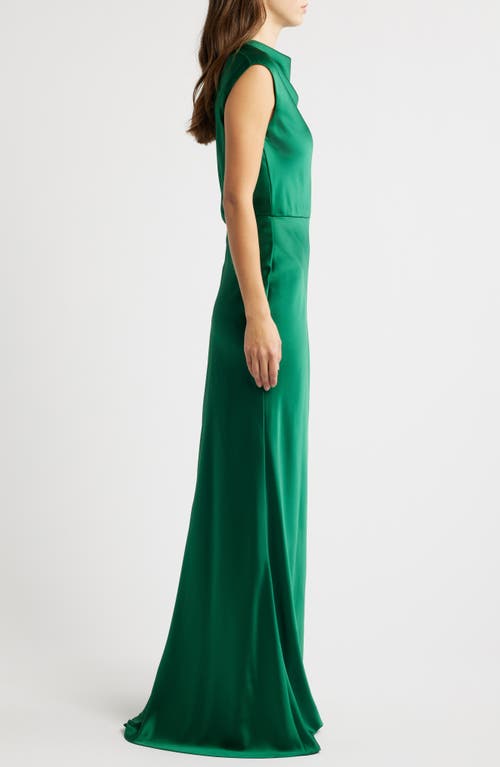 Amsale High Cowl Neck Satin Gown In Emerald