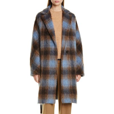 Vince Plaid Belted Wool & Alpaca Blend Coat, Blue
