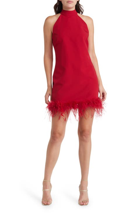 Women Sexy Deep V-Neck Rhinestone Mini Party Dress High-end Feather Decor  Short Boydcon Evening Dresses