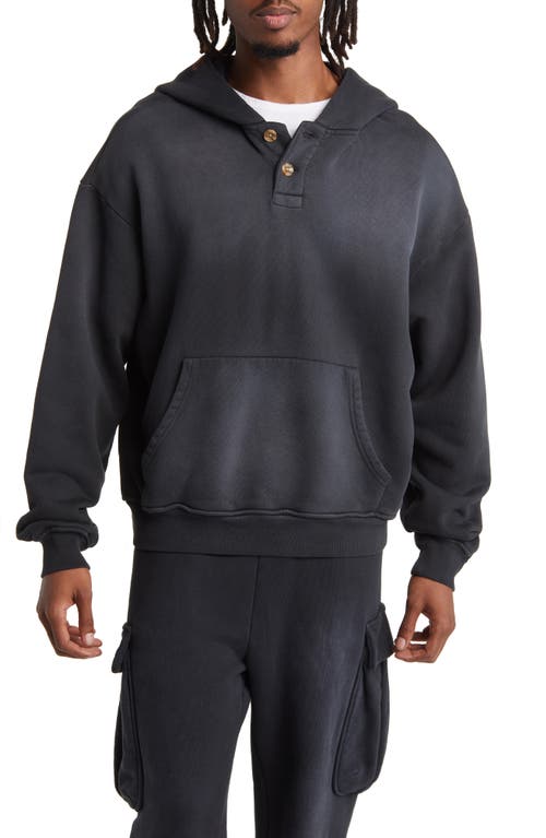 Button Placket Organic Cotton Hoodie in Black Ink