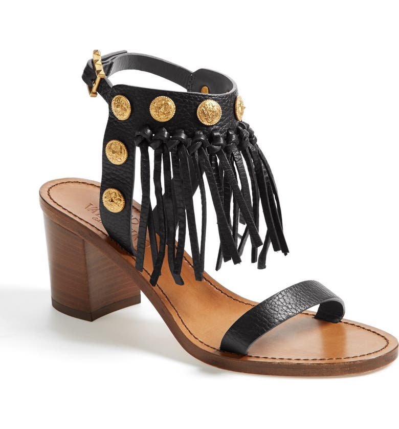 VALENTINO GARAVANI Fringed Calfskin Leather Sandal, Main, color, Black