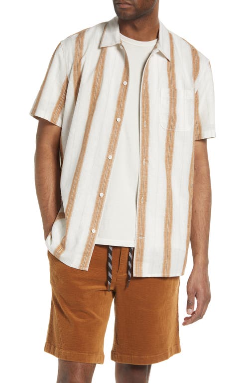 Stripe Short Sleeve Linen & Cotton Button-Up Shirt in Ivory- Tan Sandstone Stripe