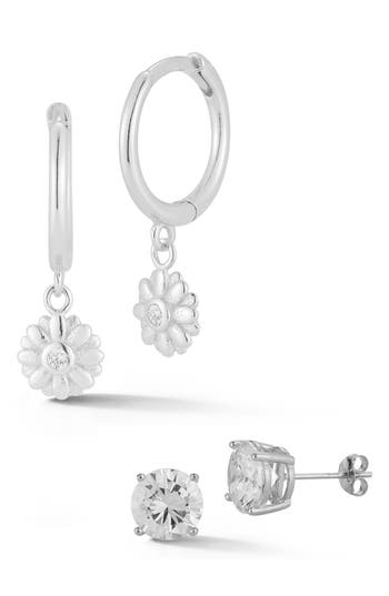 Glaze Jewelry Flower Dangle Huggie & Cz Stud Earrings Set In Silver