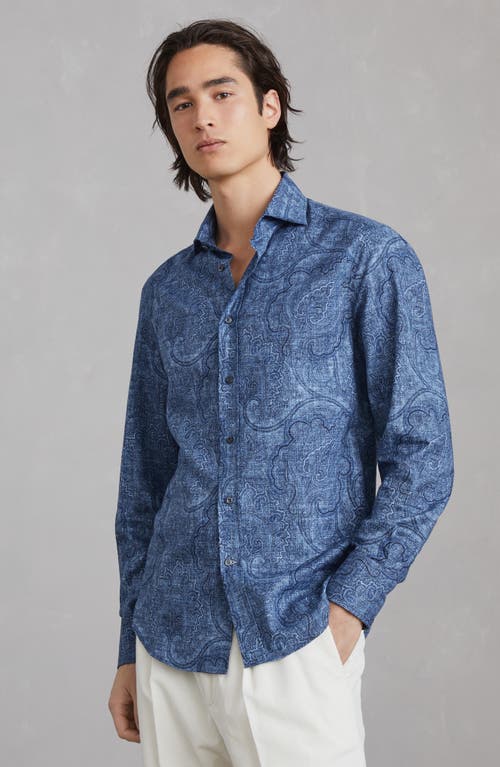 Shop Brunello Cucinelli Paisley Slim Fit Shirt With Spread Collar In Denim