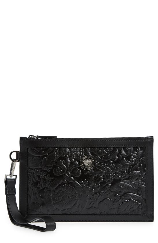 Versace Barocco Embossed Calfskin Leather Zip Pouch In Black