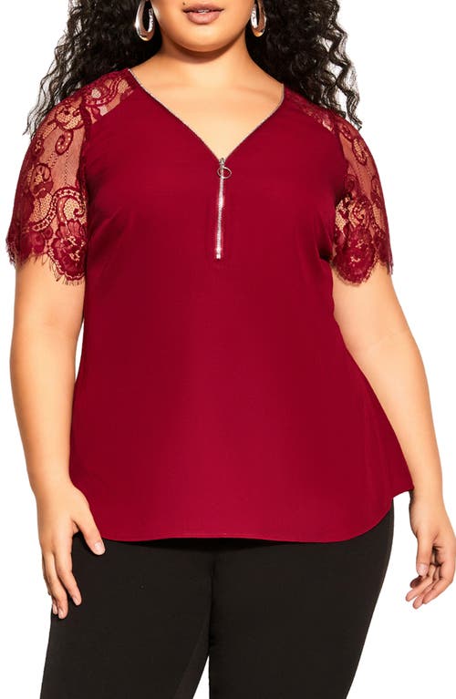 City Chic Botanical Lace Sleeve Blouse in Ruby