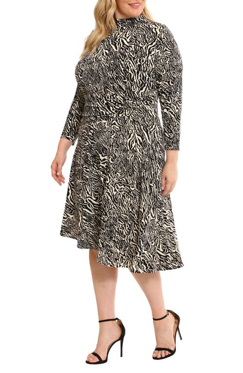 Maggy London Abstract Print Long Sleeve Asymmetric Hem Dress In Charcoal/cream