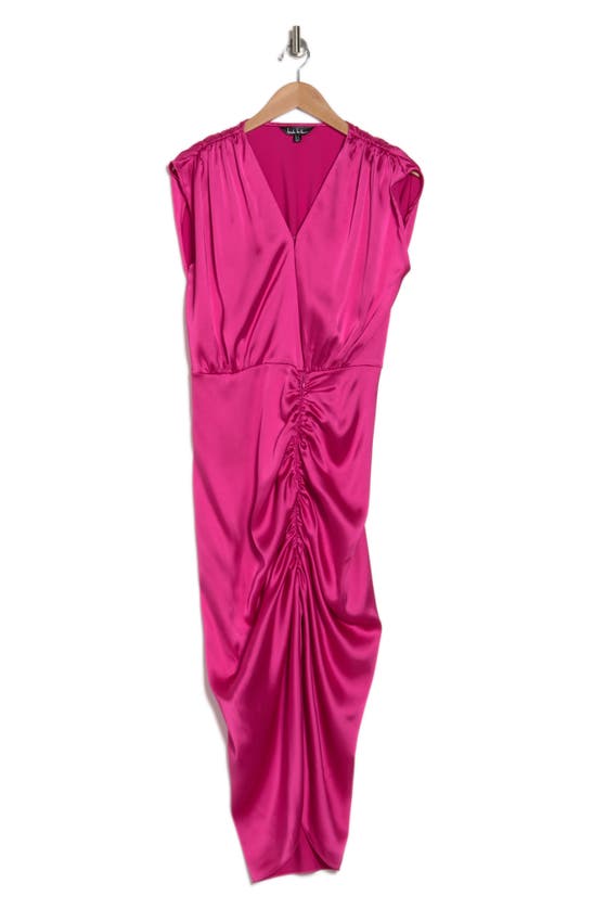 Nicole Miller Hailey Cap Sleeve Ruched Satin Dress In Precious Pink