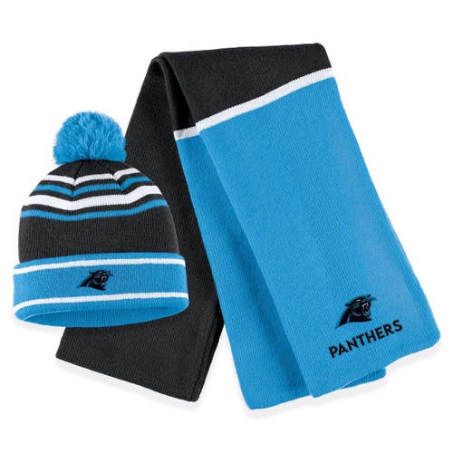 Women's WEAR by Erin Andrews Blue Carolina Panthers Colorblock Cuffed Knit Hat with Pom and Scarf Set