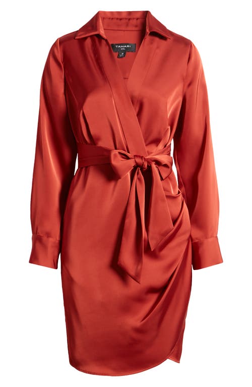 Shop Tahari Asl Long Sleeve Faux Wrap Satin Shirtdress In Brick