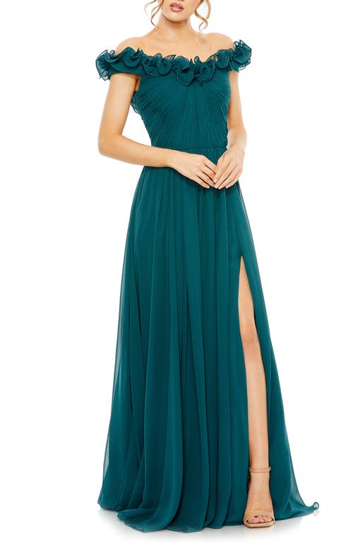 Shop Mac Duggal Ruched Off The Shoulder A-line Gown In Teal